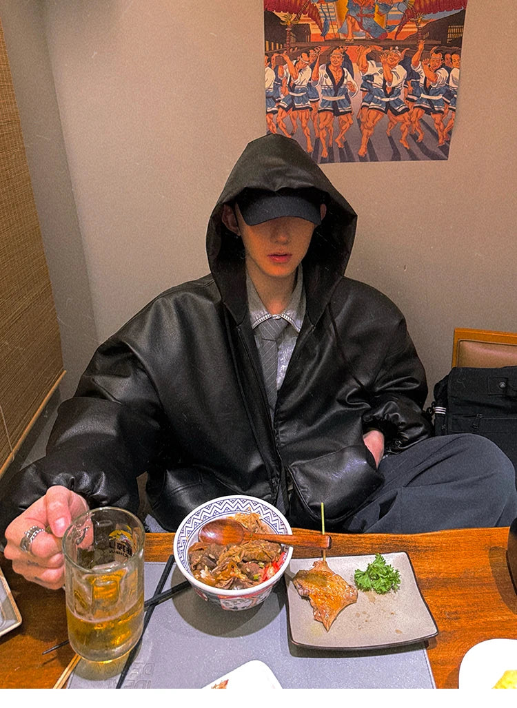 Spring Autumn Short Oversized Black Soft Pu Leather Jacket Men with Hood Zipper Loose Casual Korean Fashion Clothes