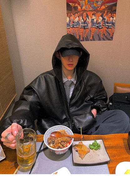 Spring Autumn Short Oversized Black Soft Pu Leather Jacket Men with Hood Zipper Loose Casual Korean Fashion Clothes