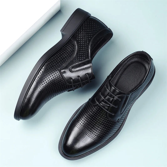 Men's Summer Breathable Leather Shoes British Style Comfortable Soft Business Formal Derby Shoes Hollow out Design-SJ6607-1