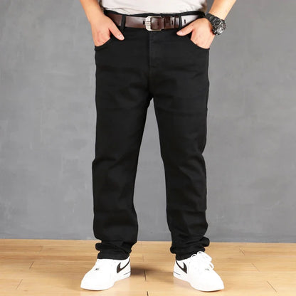 Plus Size Men's Solid Barrel Denim Pants For Spring Fall Casual Black Trendy Jeans For Men