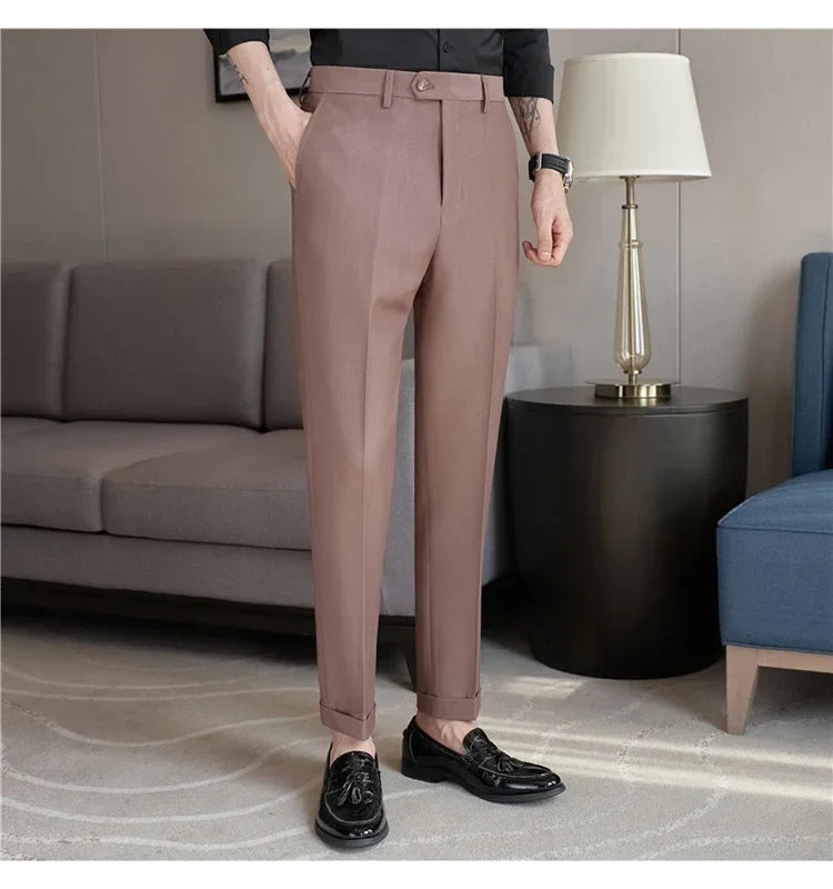 2024 New Men's Slim Fit Tapered Dress Pants Apricot Pearlescent Texture Business Casual Suit Trousers Spring Clothes