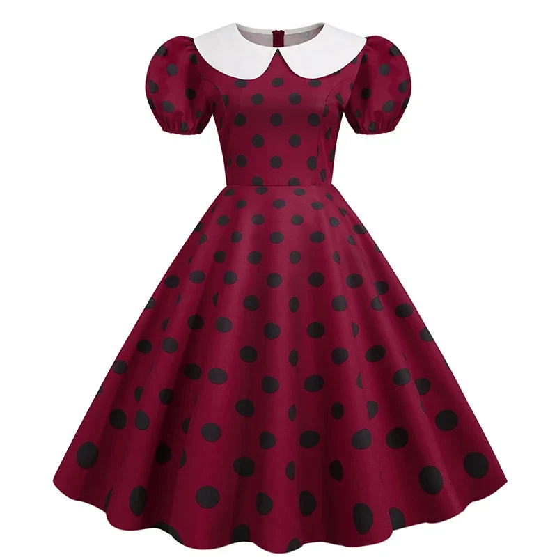 Elegant Women Summer Dress Puff Short Sleeve Polka Dot Peter pan Collar Vintage A-line Midi Long Party Sundress