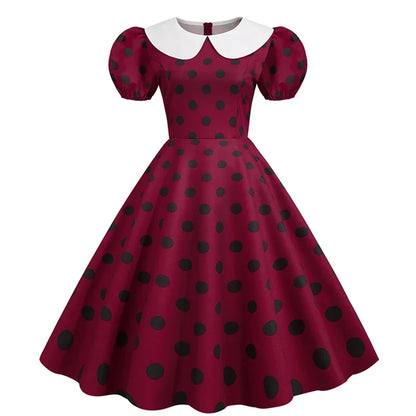 Elegant Women Summer Dress Puff Short Sleeve Polka Dot Peter pan Collar Vintage A-line Midi Long Party Sundress