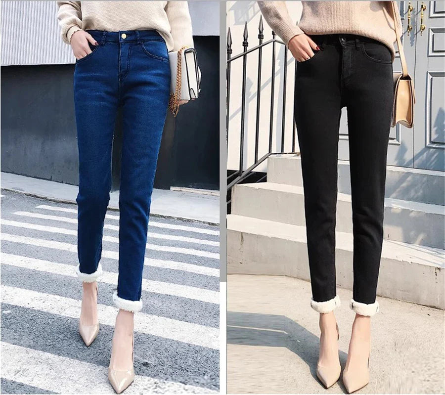 Winter Pencil Jeans Women Thicken Lamb Fluff Skinny Denim Pants High Waist Warm Lambwool Lined Stretch Vaqueros Big Size 34 Jean