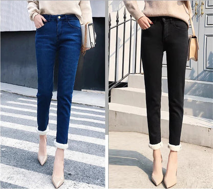 Winter Pencil Jeans Women Thicken Lamb Fluff Skinny Denim Pants High Waist Warm Lambwool Lined Stretch Vaqueros Big Size 34 Jean