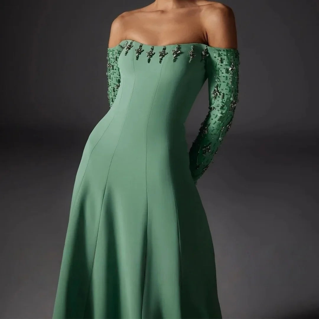 Customized Green Glitter Off The Shoulder Prom Dresses Long Sleeves فساتين للمناسبات الخاصة Strapless vestidos de festa