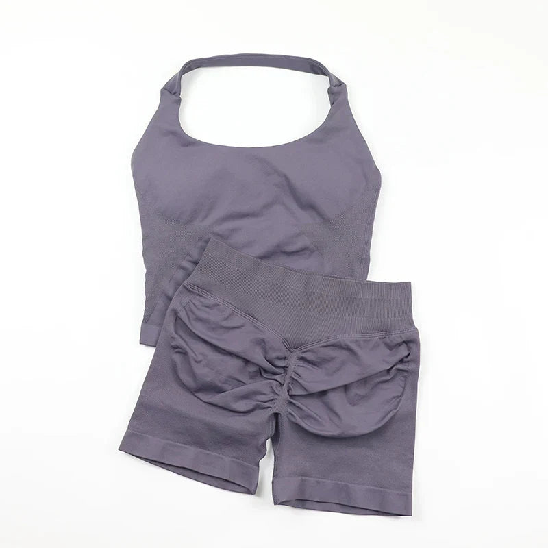 Seamless Yoga Set Womens Backless Halter Tank Top Ribbed Waist Gym Shorts 2 Piece Sets Women Outfit Workout Clothes