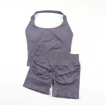 Seamless Yoga Set Womens Backless Halter Tank Top Ribbed Waist Gym Shorts 2 Piece Sets Women Outfit Workout Clothes
