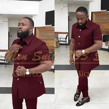 Summer Men's Suits Solid Color Short Sleeve Single Breasted Stand Lapel Casual Outfits 2 Piece Jacket Pants Set Slim Fit Terno
