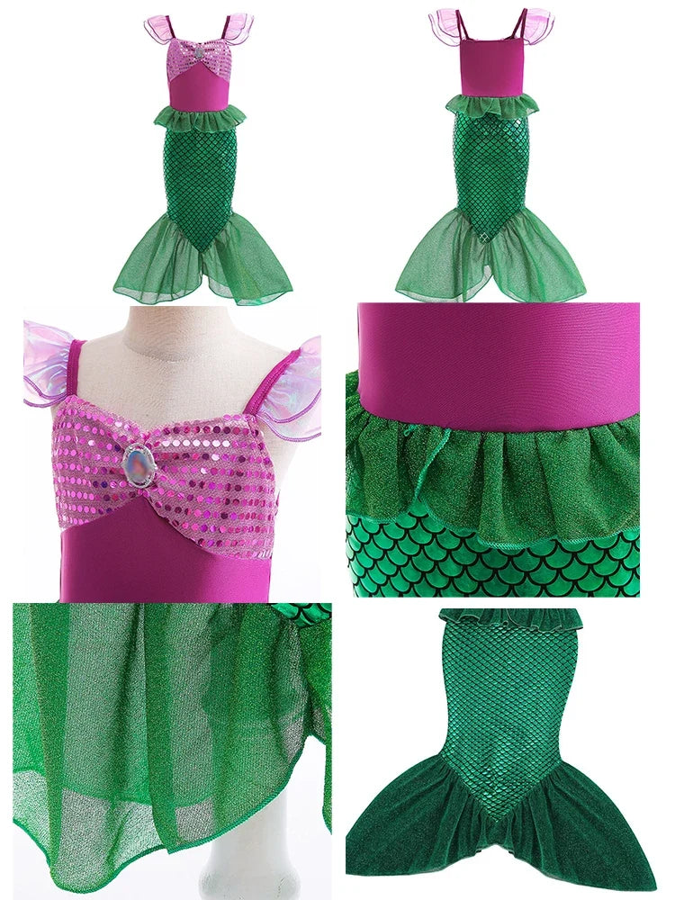 Little Girls Summer Clothing Children Ariel Mermaid Cosplay Blue Green Pink Sunshine Beach Enjoy Vacation Princess Ruffles Dress