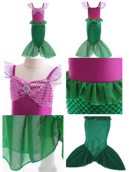 Little Girls Summer Clothing Children Ariel Mermaid Cosplay Blue Green Pink Sunshine Beach Enjoy Vacation Princess Ruffles Dress