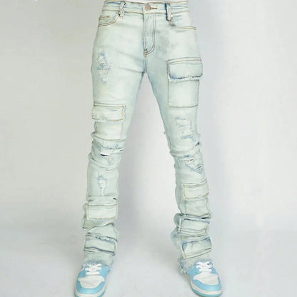 Men Jeans Long Pant Denim Flare Pants Hole Straight Trousers Slim Fit High Waist Casual Button Pocket Splice Autumn Winter