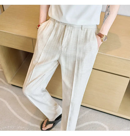 Summer New Linen Breathable Trousers High Quality Fashion Men Straight Casual Pants Men Slim Fit Solid Business Office Suit Pant