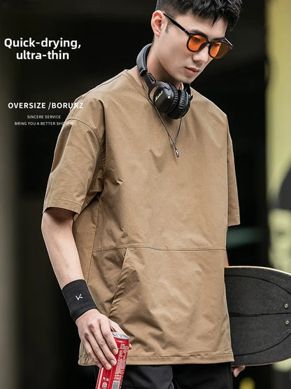 Men's Summer Thin Short Sleeve T-Shirt Ice Silk Quick Dry Large Size round Neck Sport Loose Casual Workwear Breathable Sweat ...