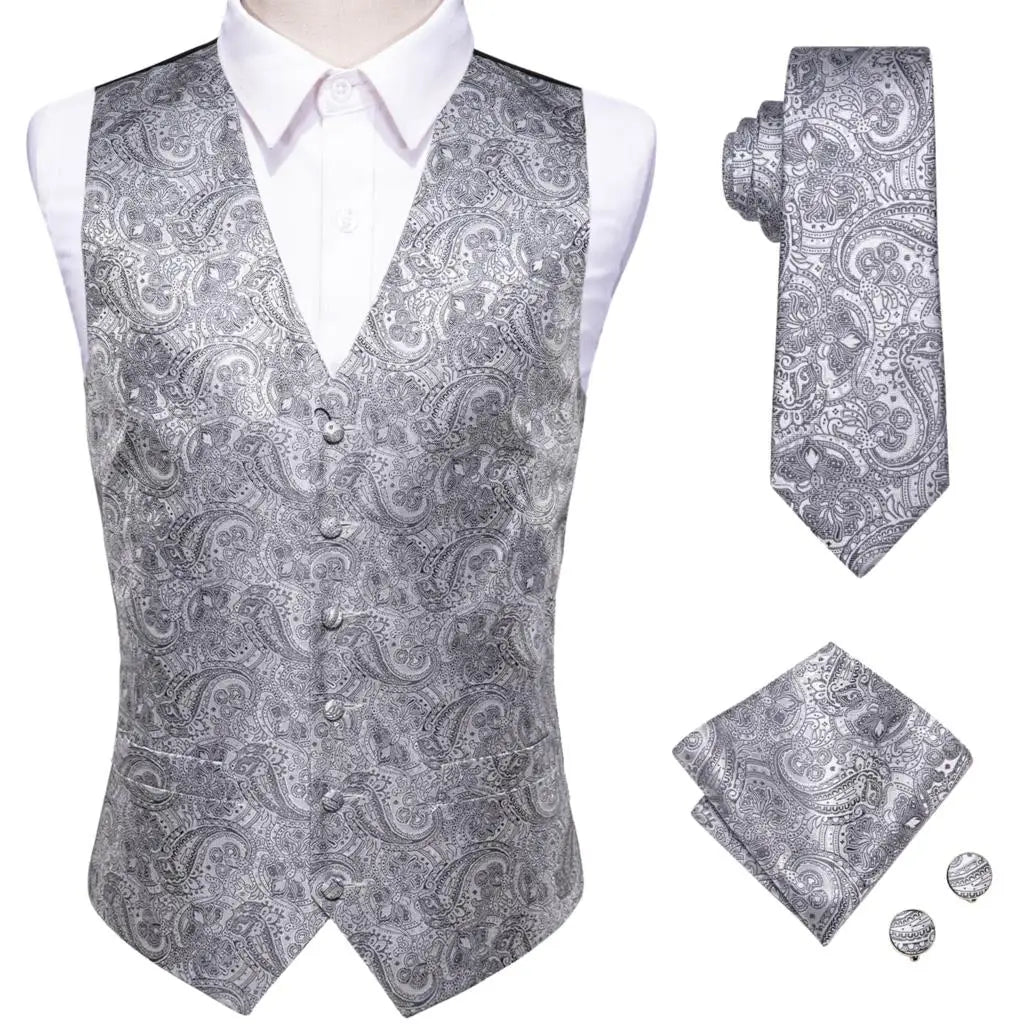 Mens Vests Tie Sets V-Neck Grey Red Purple Blue Green Pink Black Waistcoat Hanky Cufflinks Wedding Business Designer