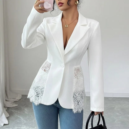 Women Color Block Blazer Lace Waist Slim Fit Office Suit Blazer Coat