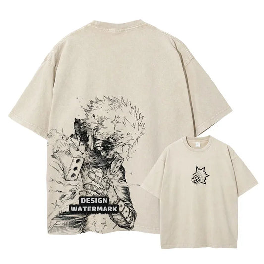 Anime Bakugou Katsuki T Shirt My Hero Vintage Washed Tops Tees Harajuku Manga Short Sleeve Oversized T-shirt 100% Cotton