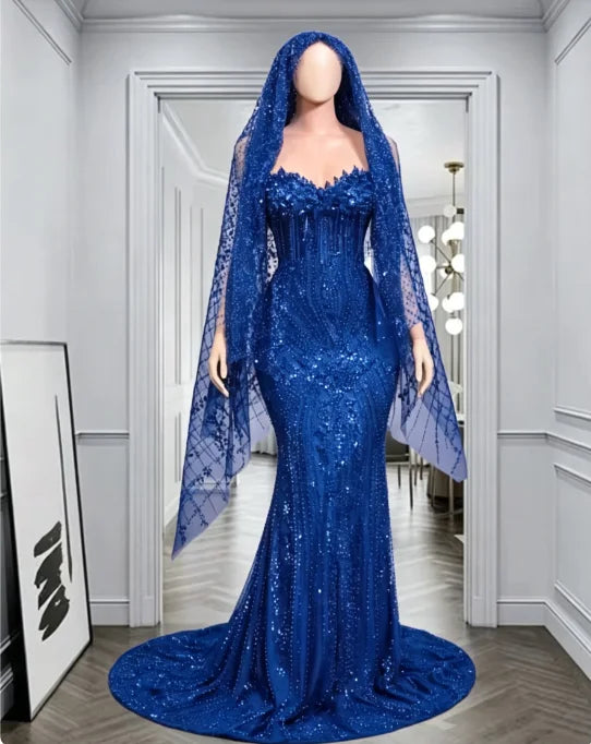 Red Rhinestone Matching Cape Veil Women Mermaid Prom Dress Formal Wedding Eveing Party Gown Customized