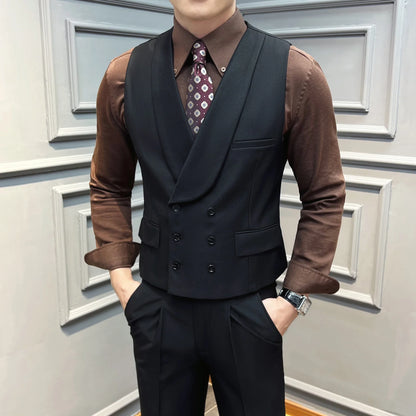 ( Vest + Pants) High-end Brand Solid Color Suit Vest 2 pieces Men Luxury Double Breasted Design Fashion Vest Set Club Clothing