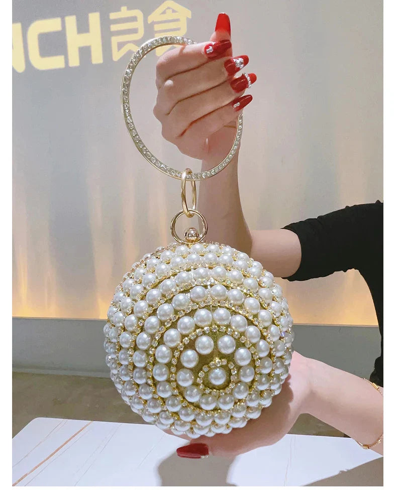 Round Pearl Clutch Purse Handbag Luxury Elegant Evening Bag Ring Handle For Women Bride Bridesmaid Wedding Party Handbag Purses