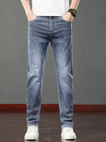 Spring Summer Thin Men's Jeans Fashion Korean Elastic Slim Straight Business Casual Denim Pants Classic Washed Male Trousers