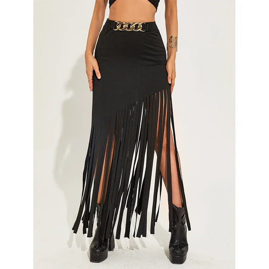Tassel Punk Style Sexy Women Maxi Skirts Mall Gothic Grunge High Waist Long Skirt with Ring Belt Black Club Streetwear