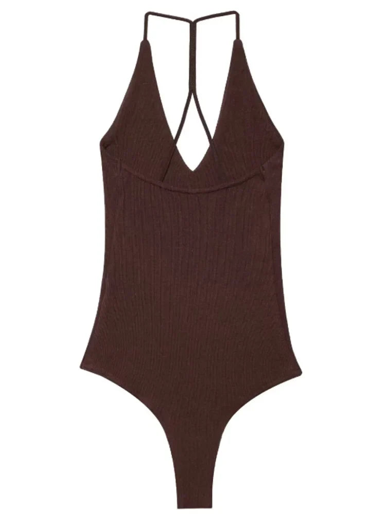 Female Bodysuit Summer Slip Off Shoulder One Piece Swimsuits Corset Backless Bodysuits Sexy Women Beach Black Brown Body
