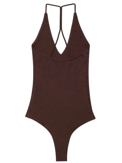 Female Bodysuit Summer Slip Off Shoulder One Piece Swimsuits Corset Backless Bodysuits Sexy Women Beach Black Brown Body