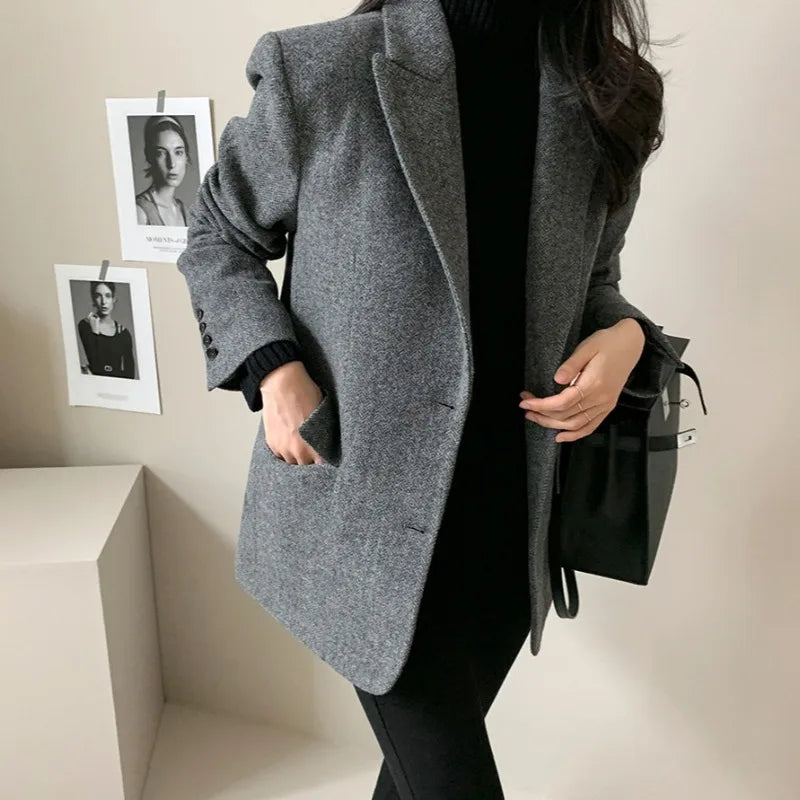 Hot Selling Slimming Vinegar Medium Long Suit Collar Windbreaker Women's Commuting Temperament Suit Jackets Single Breasted