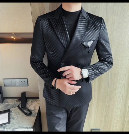 British Style Luxury Men Double Breasted Twill Suit Jacket High Quality Fashion Business Slim Fit Groom Social Party Suit Dress
