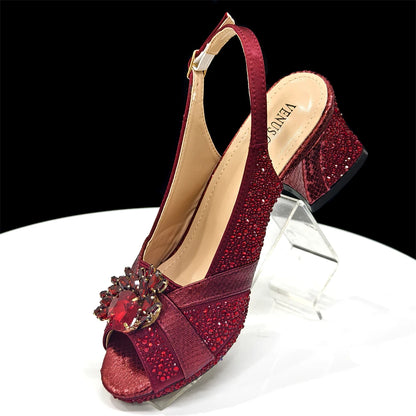 2025 Elegant Women's Peep-Toe Heels & Wine Color Diamond Pumps Set - Chic Italian Footwear & Matching Bags for Parties