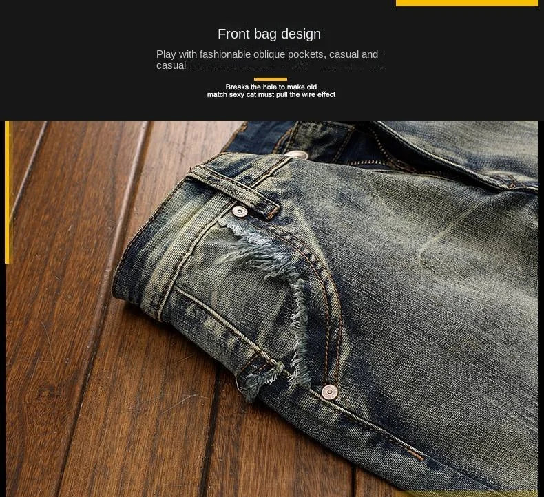 High Quality Fashion Luxury Retro Men's Denim Jeans Korean Style Vintage Casual Punk Motorcycle Designer Riding Cargo Jeans