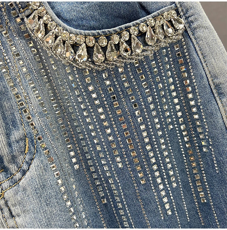 High Waist Wide Leg Jeans Women's Summer Loose Slimming Diamond Embedded Long Pants Break Hole Denim Pants Hong Kong Sle ...
