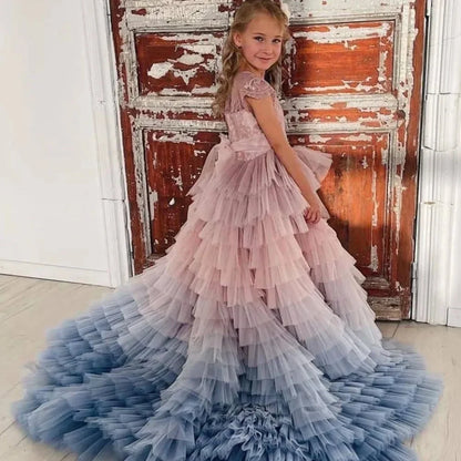 Pink And Blue Flower Girl Dresses For Wedding Ruffles Lace Applique Tiered Kids Lovely Birthday Party Bridesmaid Ball Gowns 2025