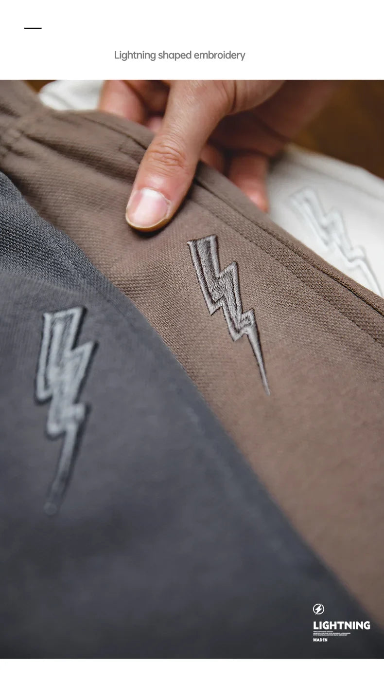 Men's 340g Heavyweight Casual Shorts Knitted Breathable Summer Shorts with Lightning Embroidered Sport Gym Short Pants