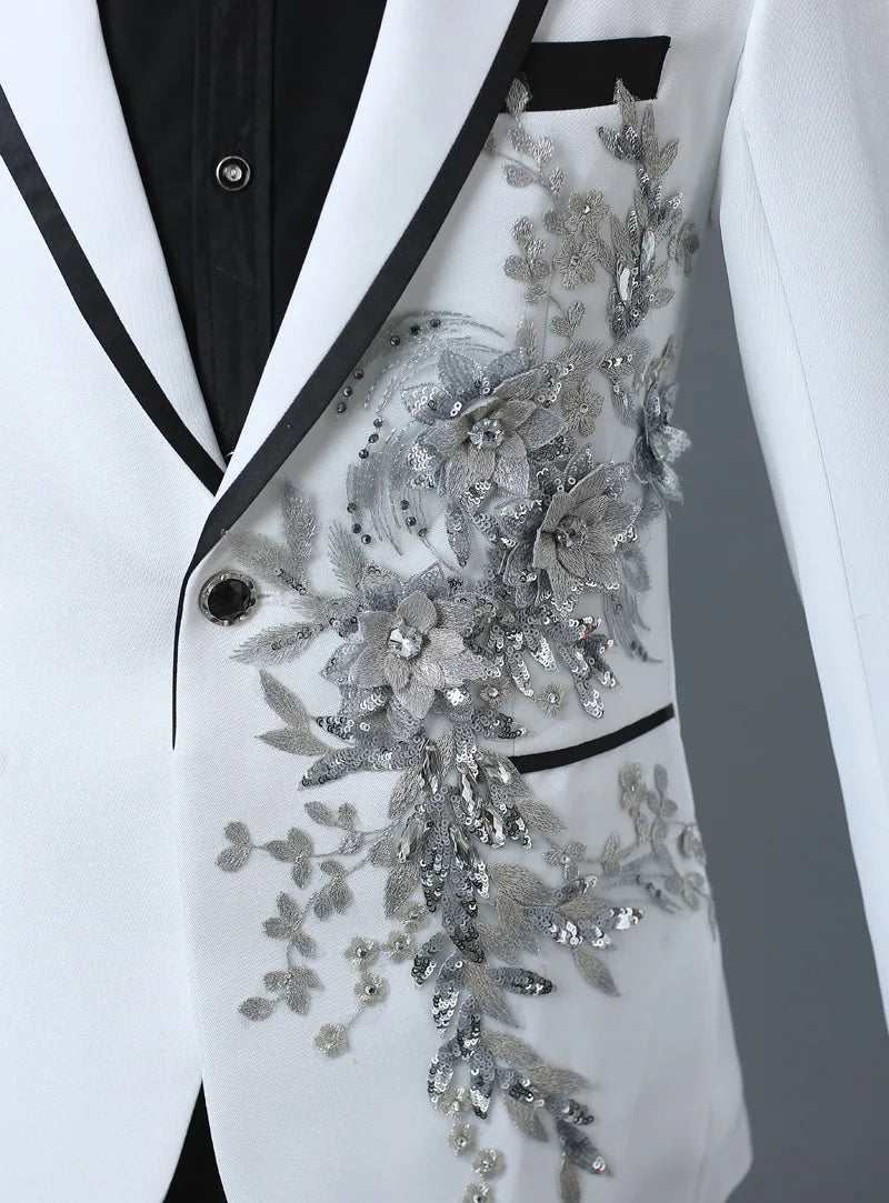 New Men Luxury Decal Suits Black / Red / Blue / White Fashion Singer Host Stage Performance Splicing Flower Blazers and Pants