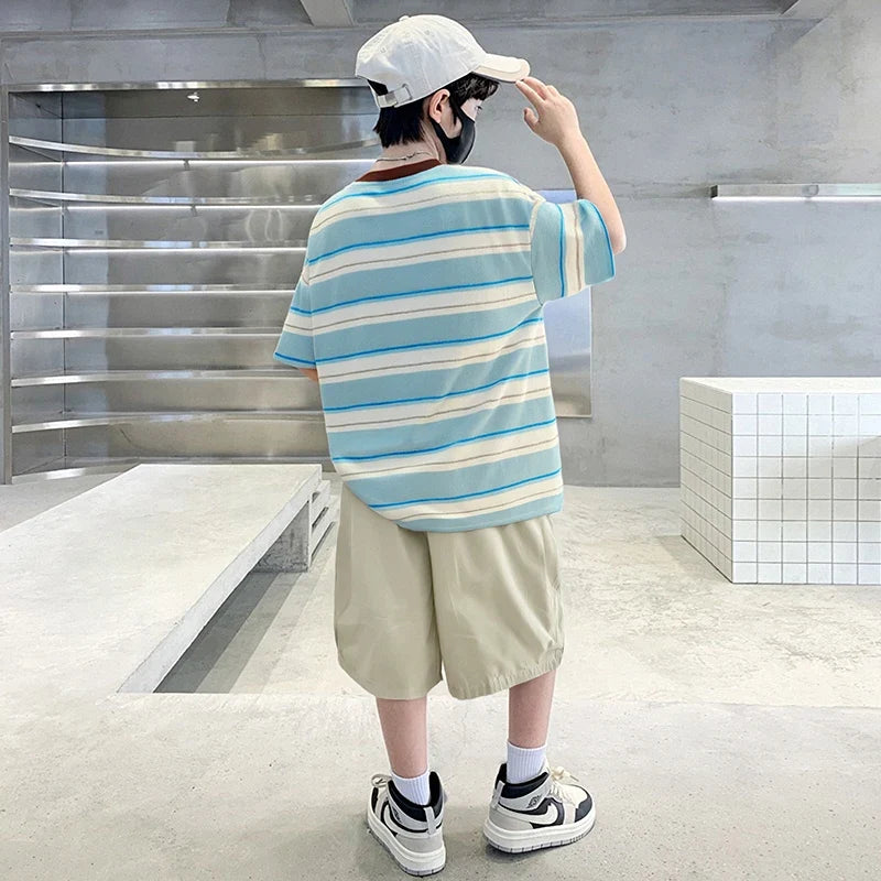Kids New Designer Cotton Stripe T-shirt Shorts Set Summer Outfit for Boys Tracksuit Set 2 Pieces Clothing Suit for Tweens Child