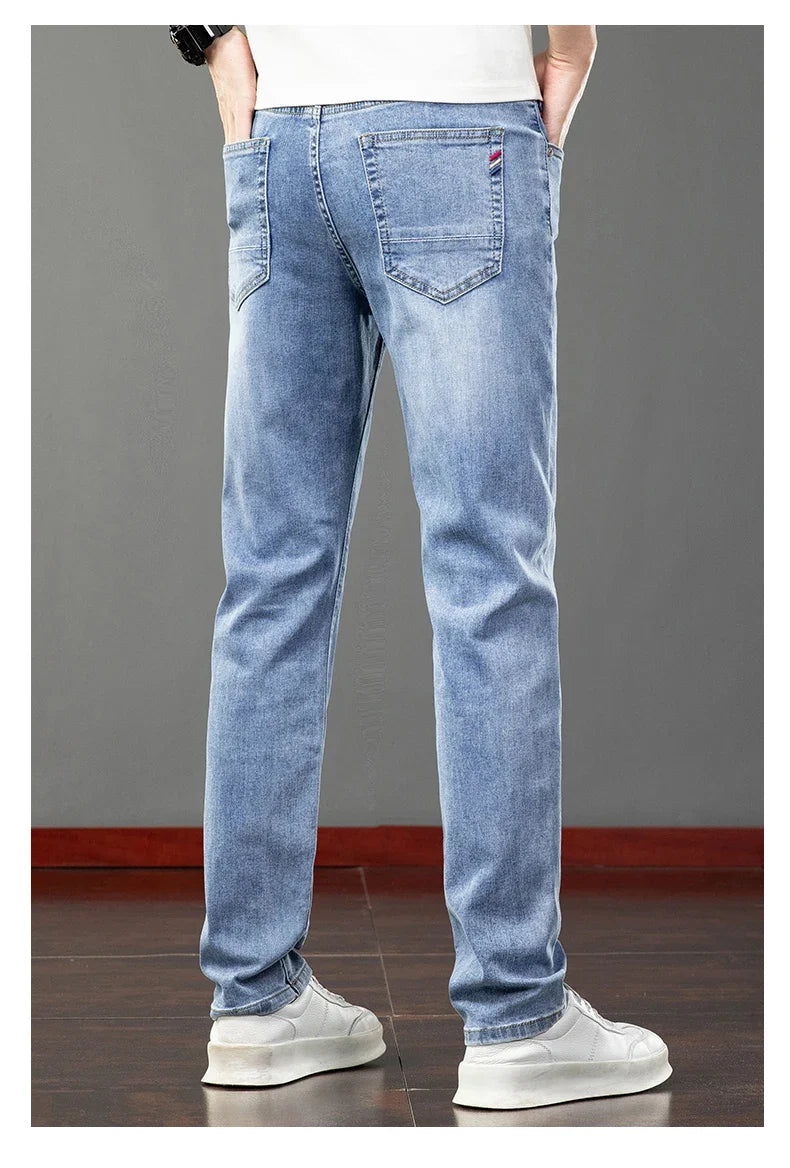 Spring Summer Thin Men's Jeans Fashion Korean Elastic Slim Straight Business Casual Denim Pants Classic Washed Male Trousers