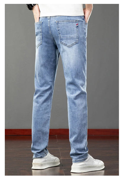 Spring Summer Thin Men's Jeans Fashion Korean Elastic Slim Straight Business Casual Denim Pants Classic Washed Male Trousers
