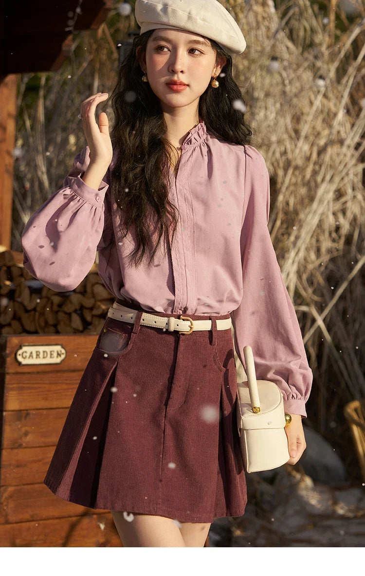 French Autumn Winter Button Up Lantern Long Sleeve Shirts Women Ruffle Neck Thick Warm Blouse Flannel Shirt MXC56X1320