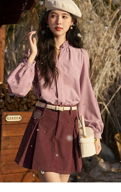 French Autumn Winter Button Up Lantern Long Sleeve Shirts Women Ruffle Neck Thick Warm Blouse Flannel Shirt MXC56X1320