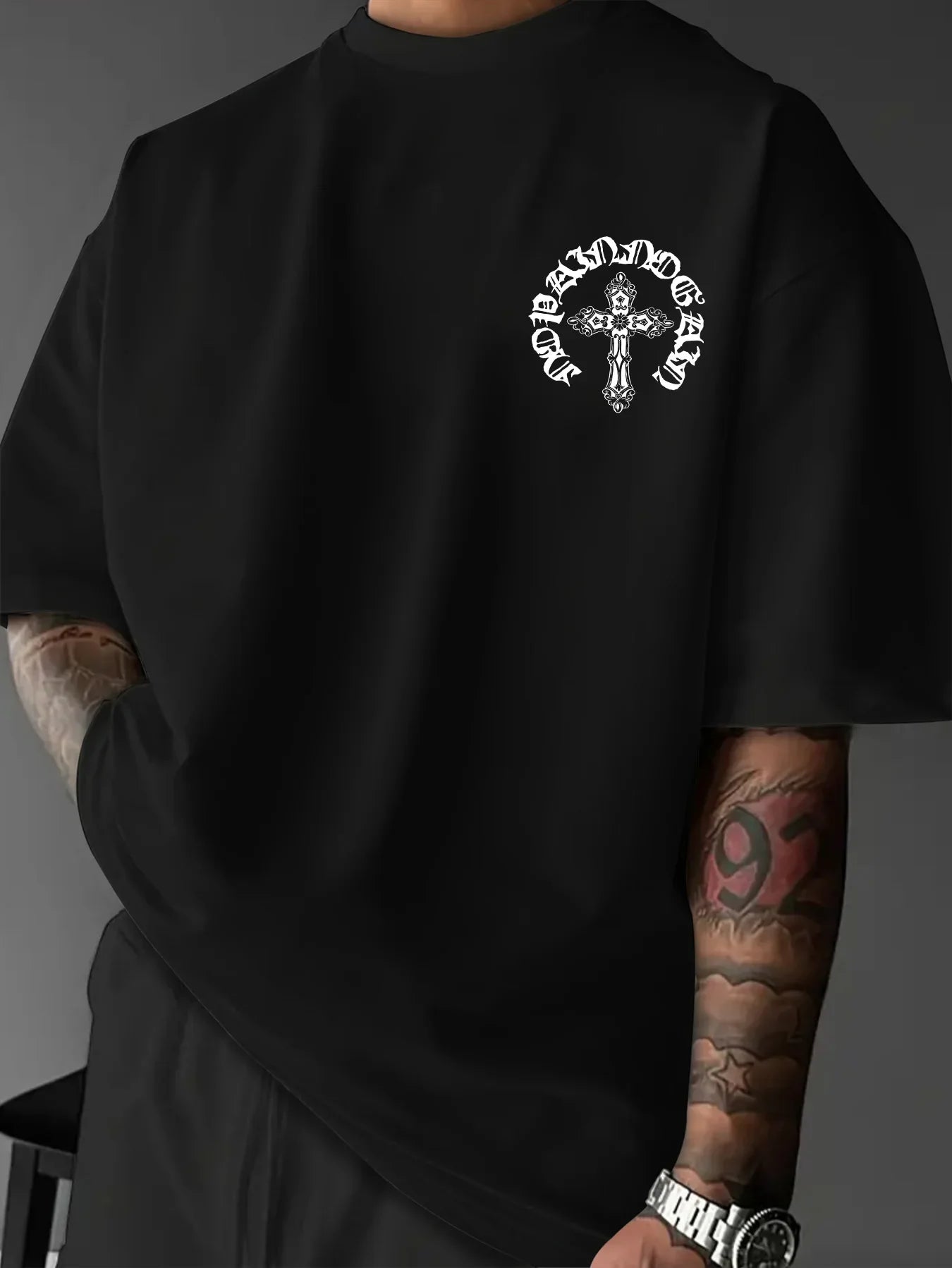 Men's Gothic Streetwear T-Shirt Ornate Cross & Circle Script Graphic Print Crew Neck Short Sleeve Polyester Tops S-XXL