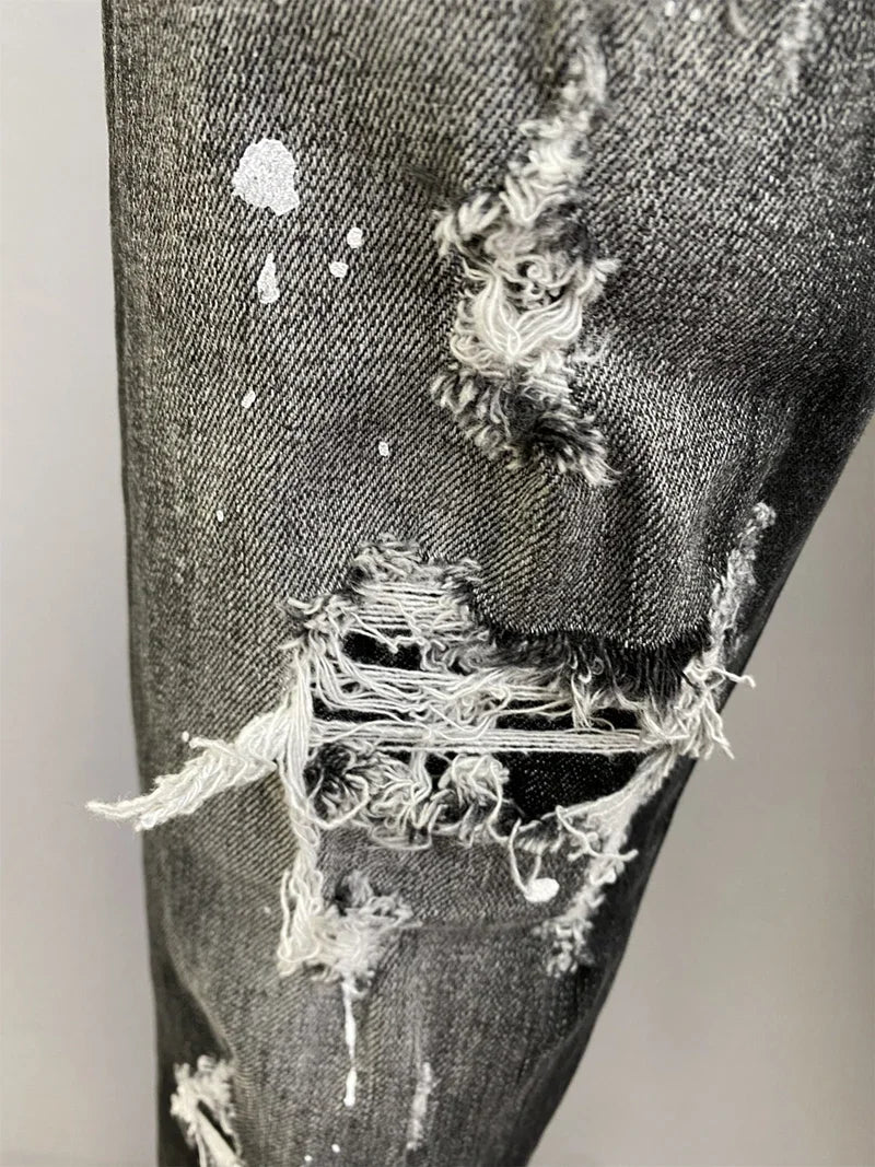 Men Jeans Denim Pants Hole Slim Pencil Trousers Metal Buttons Party Classics Fashionable Black DSQ2 JENAS
