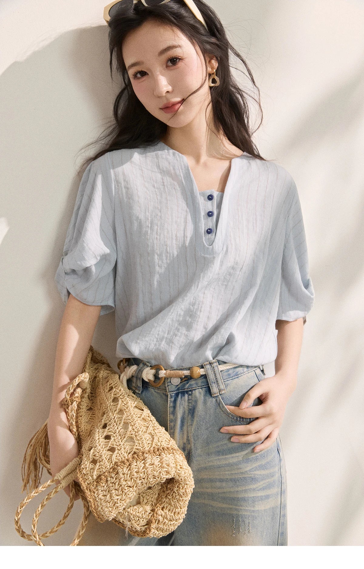 Women French Vertical Stripe Blouse Summer Seven Quarter Sleeve Loose Blouse Minimalist Solid Top Office Lady MXF16X2562