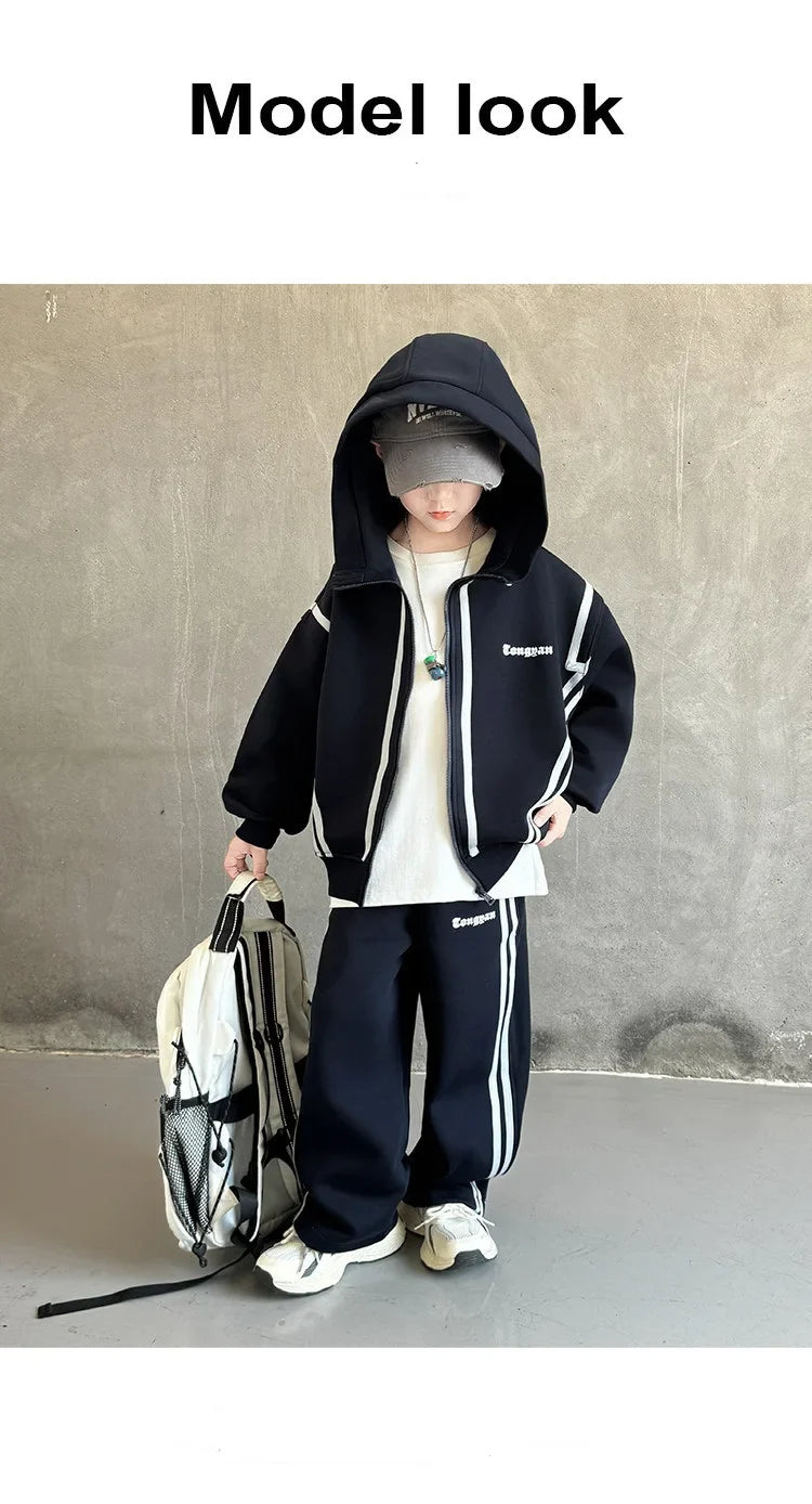 SpringAutumn Boys Navy Striped Zip Sweatshirt Jacket+Sweatpant Work Set School Kids 2PCS Tracksuit Children Jogger Outfit 5-16Yr