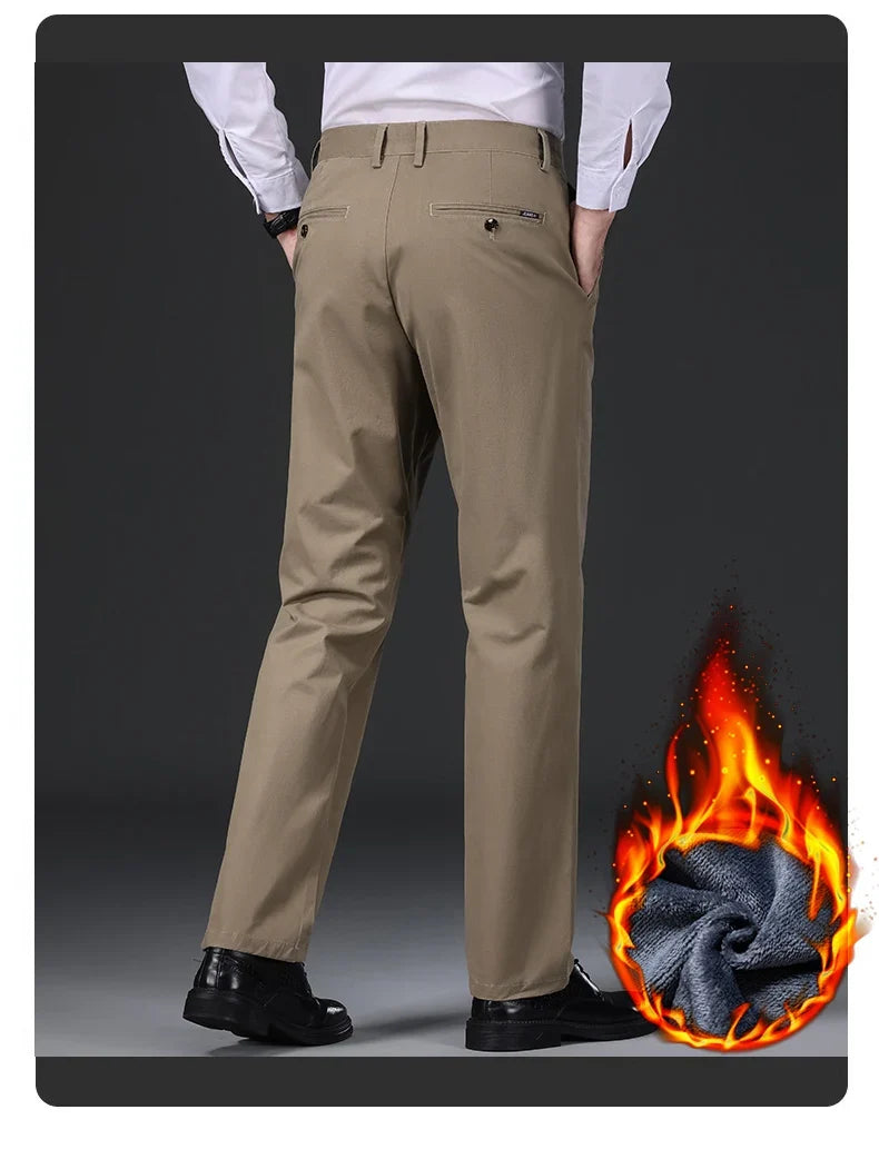 97% Cotton Straight Velvet Casual Pants Men Stretch Loose Classic Business Warm Trousers High Quality Winter Thick Fleece Pants