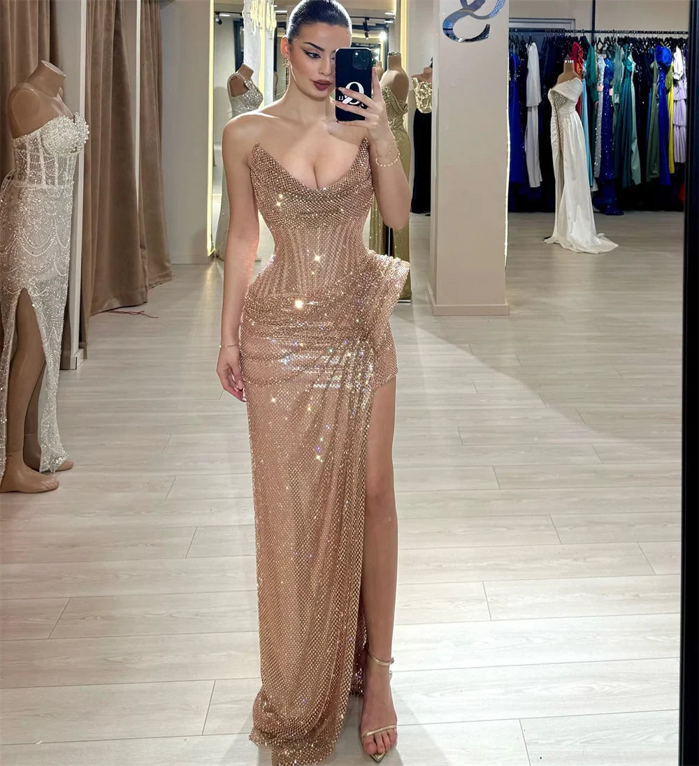 Dubai Customized Side High Slit Pleated Mermaid Prom Dress Floor-length Strapless Evening Dress Sleeveless Party Dress