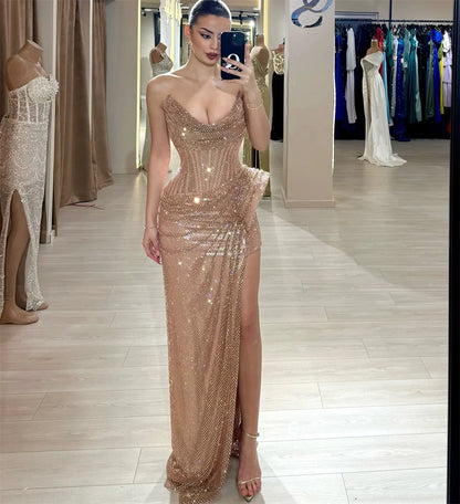 Dubai Customized Side High Slit Pleated Mermaid Prom Dress Floor-length Strapless Evening Dress Sleeveless Party Dress