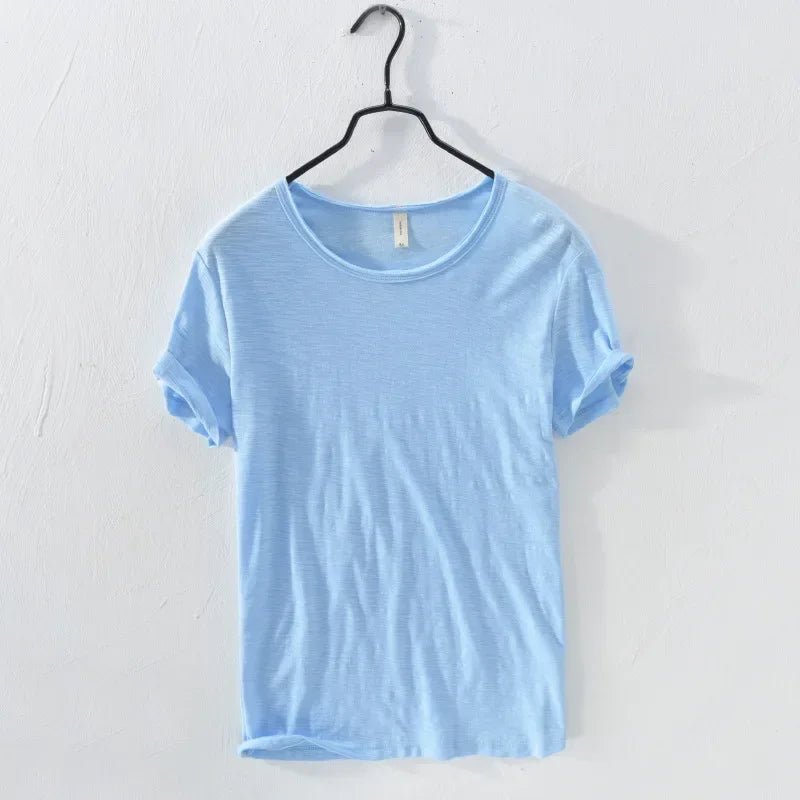 Retro Raw Edge T-Shirt for Men 100% Cotton Lightweight & Breathable Slim-Fit Monochromatic O-Neck Summer Streetwear Essential