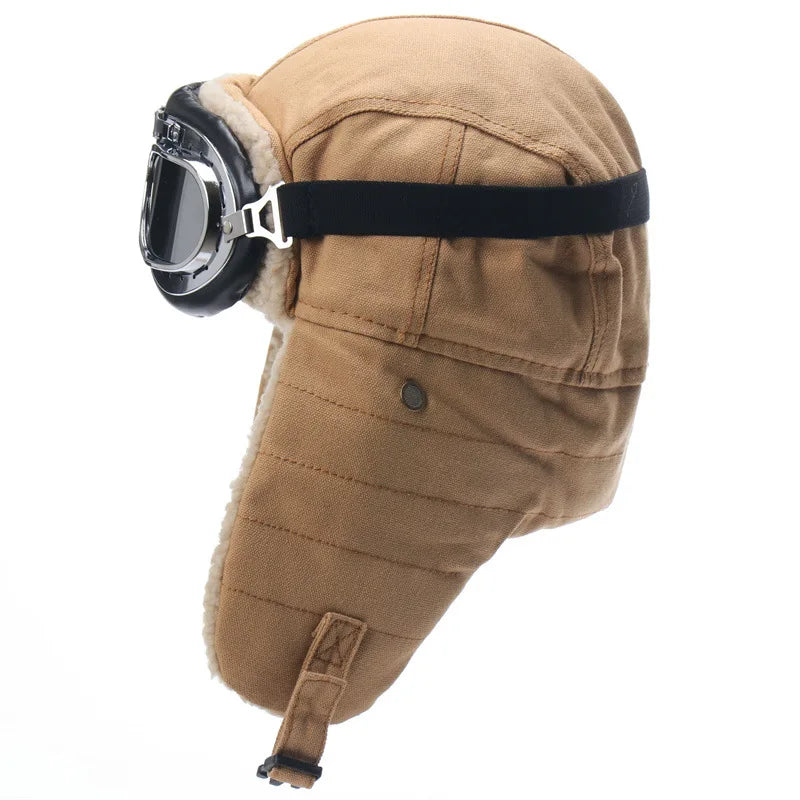 Army Military Ushanka Men&Women Windproof Winter Bomber Hats with Goggles Warm Lamb Wool Pilot Earflap Thermal Snow Cap